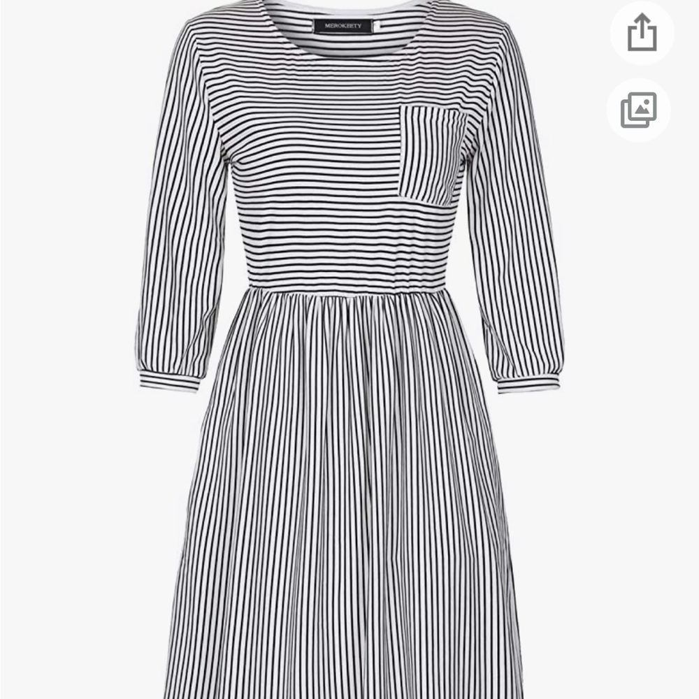 MEROKEETY Women's 3/4 Balloon Sleeve Striped High Waist Dress with pockets - Picture 4 of 11